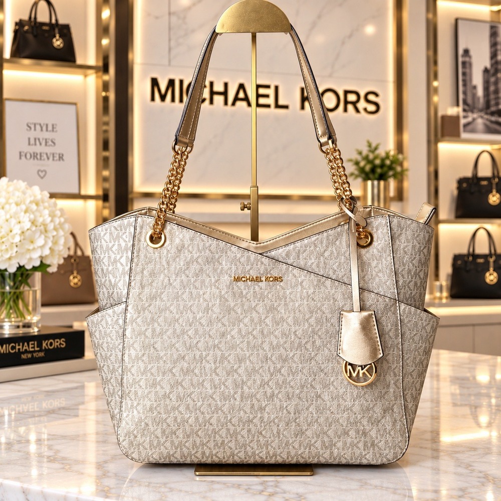Michael Kors Jet Set Travel Large Chain Shoulder Tote Bag Pale Gold NWT